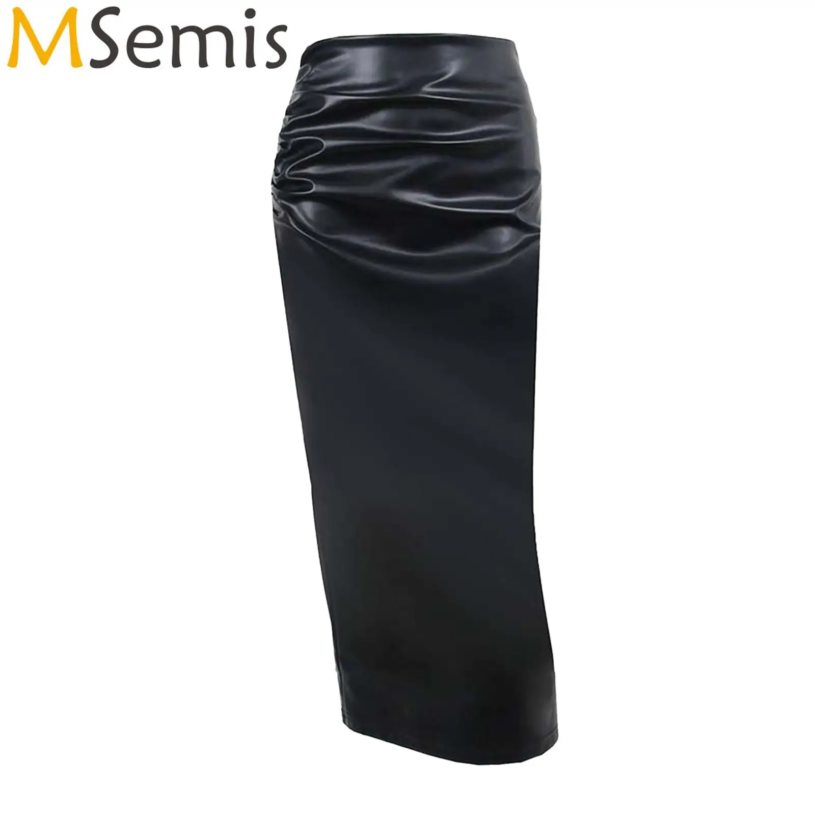 Womens Fashion PU Leather Ruched Bodycon Skirt Zipper Back Slit High Waist Midi Office Pencil Skirts Rave Party Clubwear