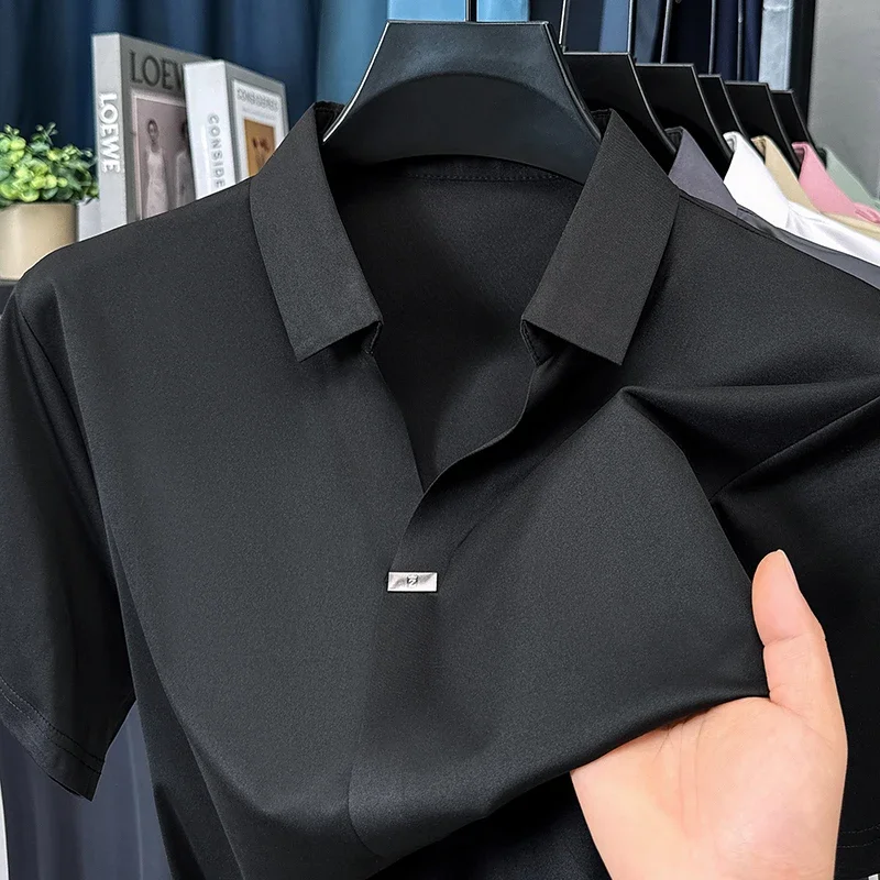GELITAYIN High Quality Summer New Business V-Neck Seamless Men Short Sleeve High-End Polo Shirt Lapel Fashion Casual Luxury Blou