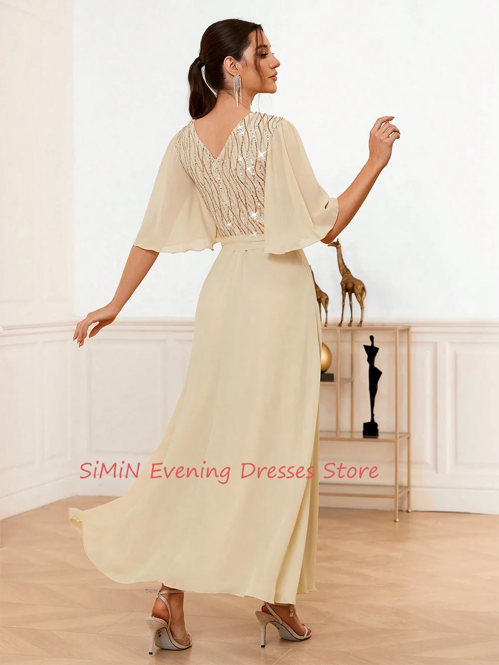 Simin Saudi O-Neck Sequins Simple Chiffon Ruffle Half sleeves Ankle-Length Arabia Sexy Evening Birthday Club Outfits Summer 2024