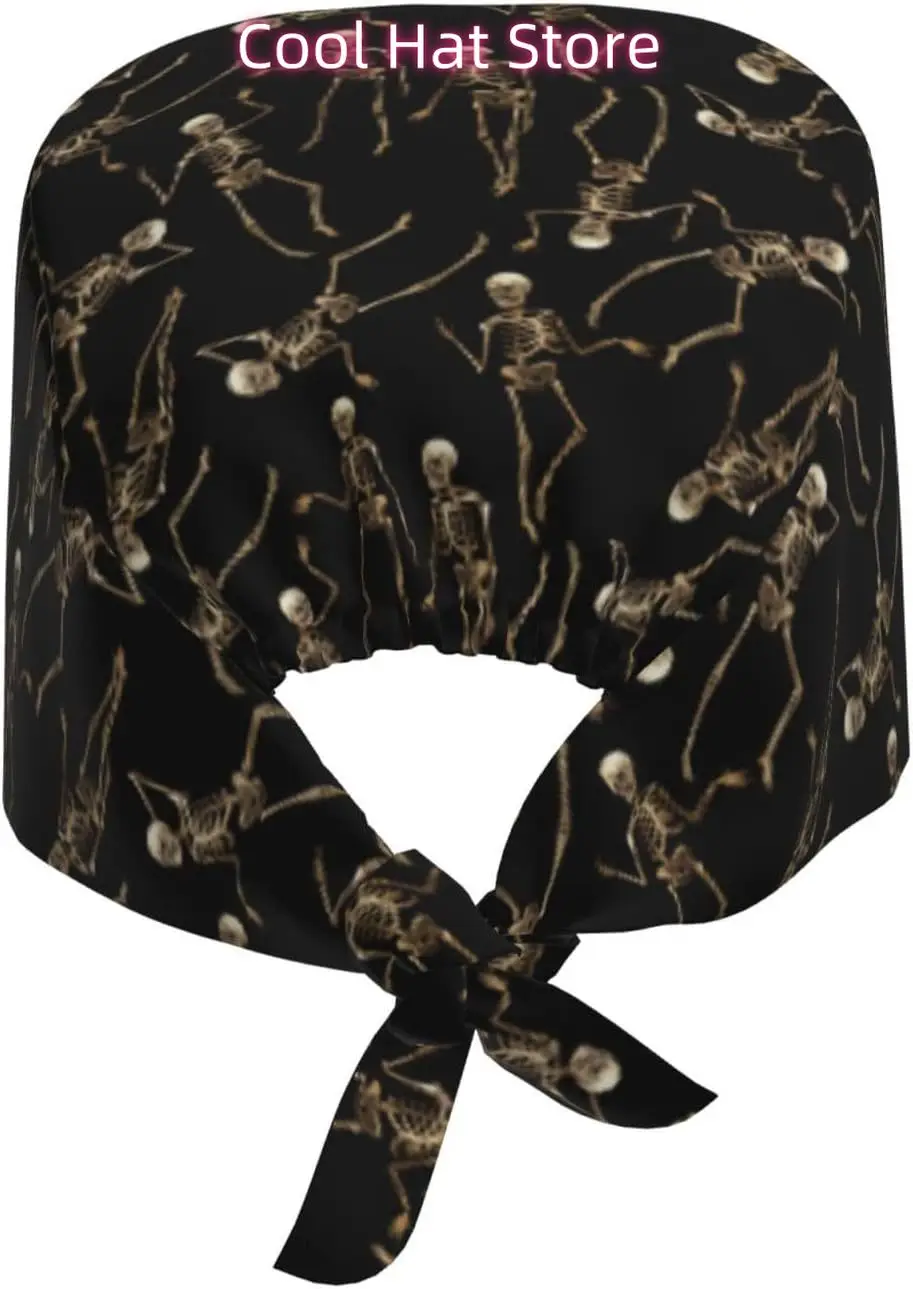 Dancing Skeleton Working Cap Scrub Cap with Sweatband Adjustable Unisex Women Tie Back Hat Nurse  Caps