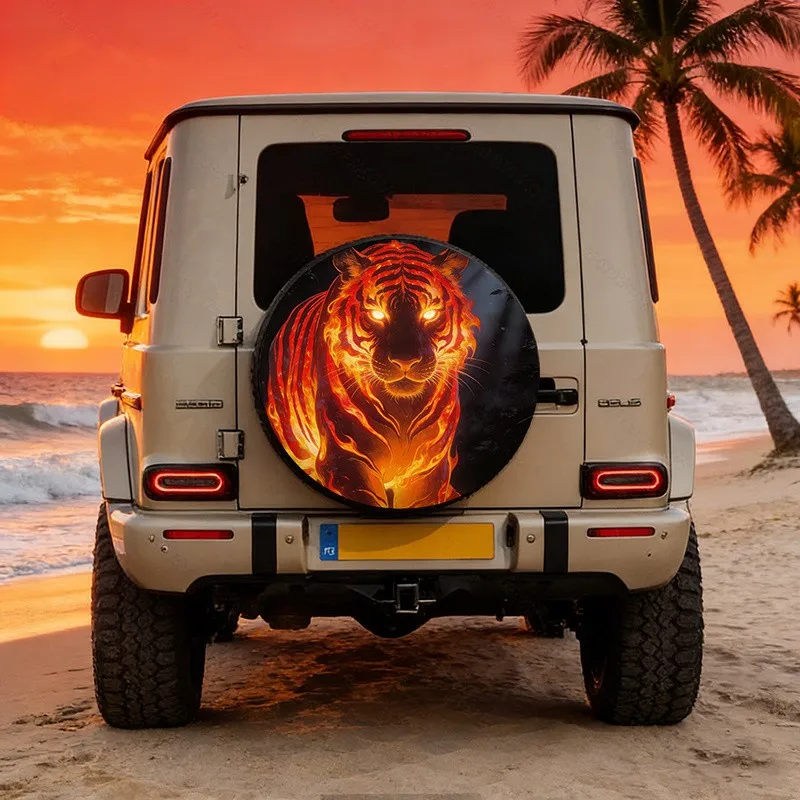 

Flame Tiger Spare Tire Cover Fierce Animal Print Universal Polyester Protector for SUV Truck