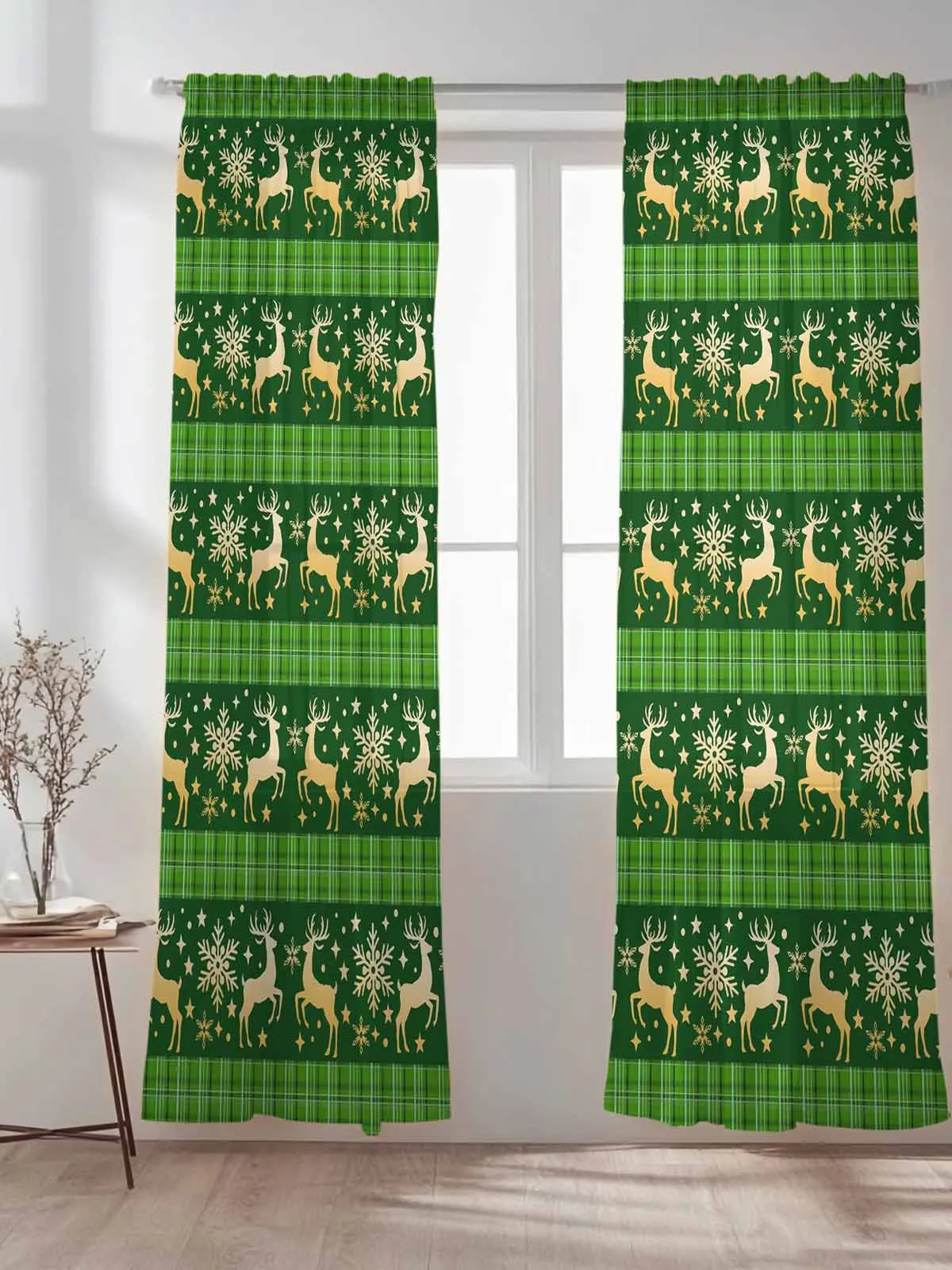 

Рождественские зеленые клетчатые тюлевые прозрачные шторы с оленем и снежинкой для гостиной, спальни, кухни, украшения, вуаль, шторы из органзы