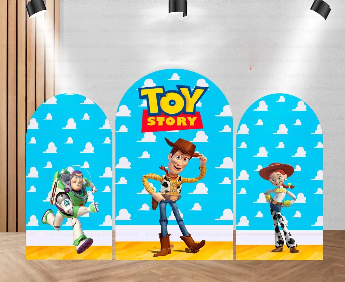 Imagem -03 - Disney Toy Story Custom Photo Backdrop Woody Jessie Arch Capa Céu Azul Fotografia de Fundo Festa de Aniversário