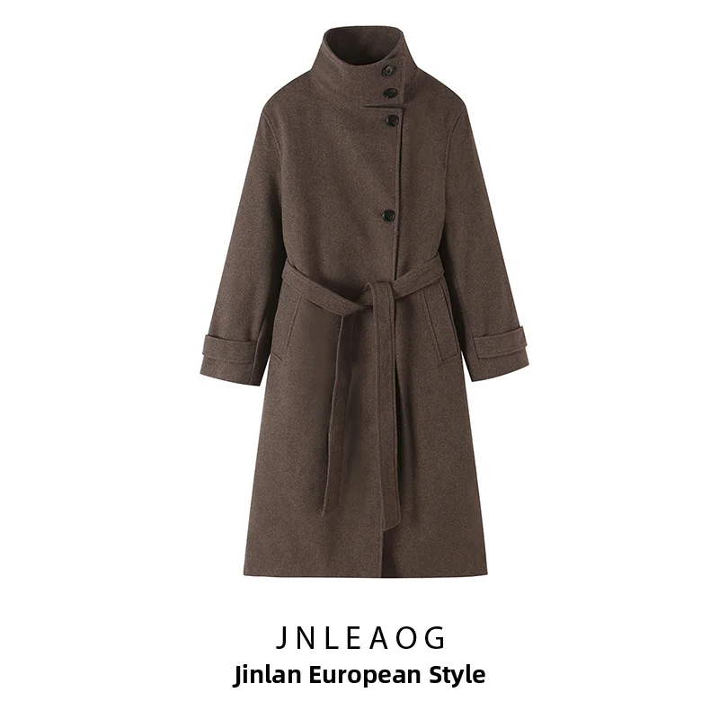 JNLEAOG Women's Pure Color Coat with Waist Belt And Chimney Collar Autumn New Style European Style Polyester Fiber Long Sleeve