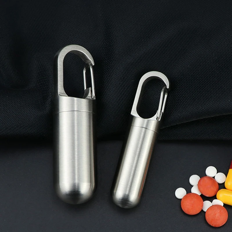 1Pcs Portable Mini Stainless Steel Sealed Capsule Waterproof Pill Box Camping Firstaid Pendant Travel Outdoor Portable Pill Case