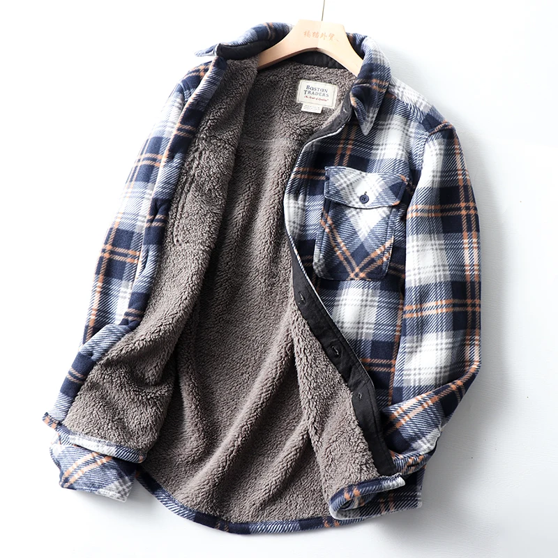 Thickened Plaid Shirt Coat Couples Style Fleece Lined Lamb Fur Casual Warm Outerwear for Men And Women Polyester Fabric