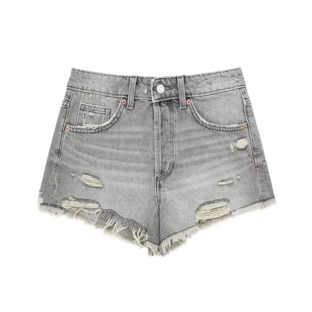 

Distressed decorative mid rise denim shorts For Women With Casual England High Street fashion Style Pocket decoration Shorts