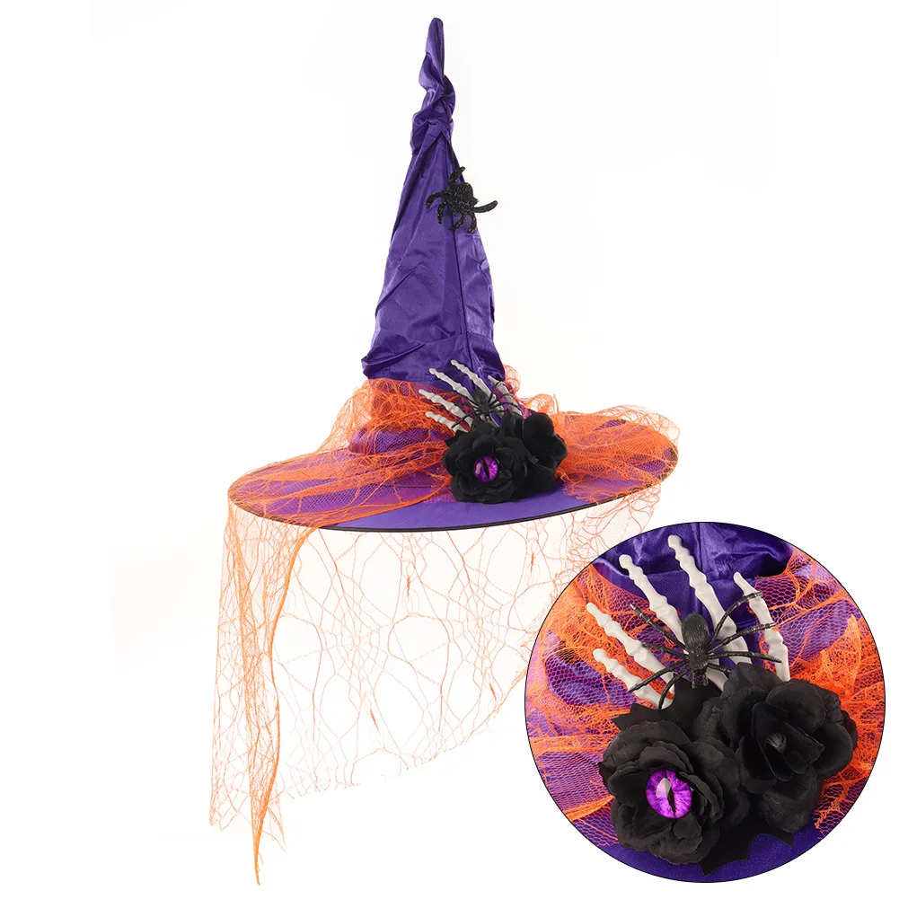 Cappello da strega in pizzo pieghettato di Halloween Palla da festa Cosplay Cappello da strega Mago Accessori per la decorazione di ragno con osso scuro