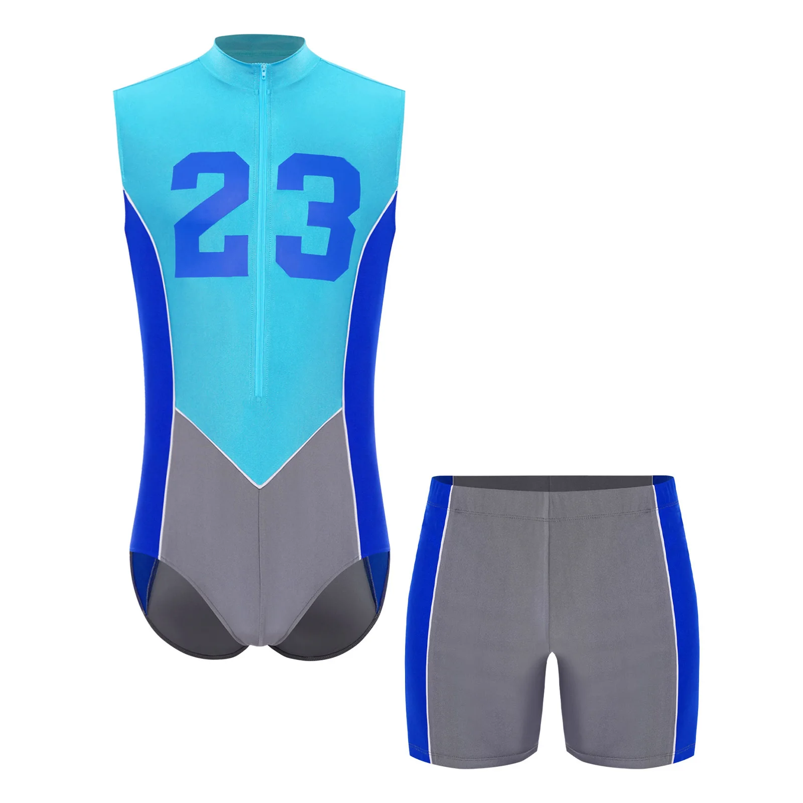 Mens Sports Swimsuit Swimwear Sleeveless Front Zipper Number Printed One Piece Leotard Bodysuit and Shorts Swimming Running Set