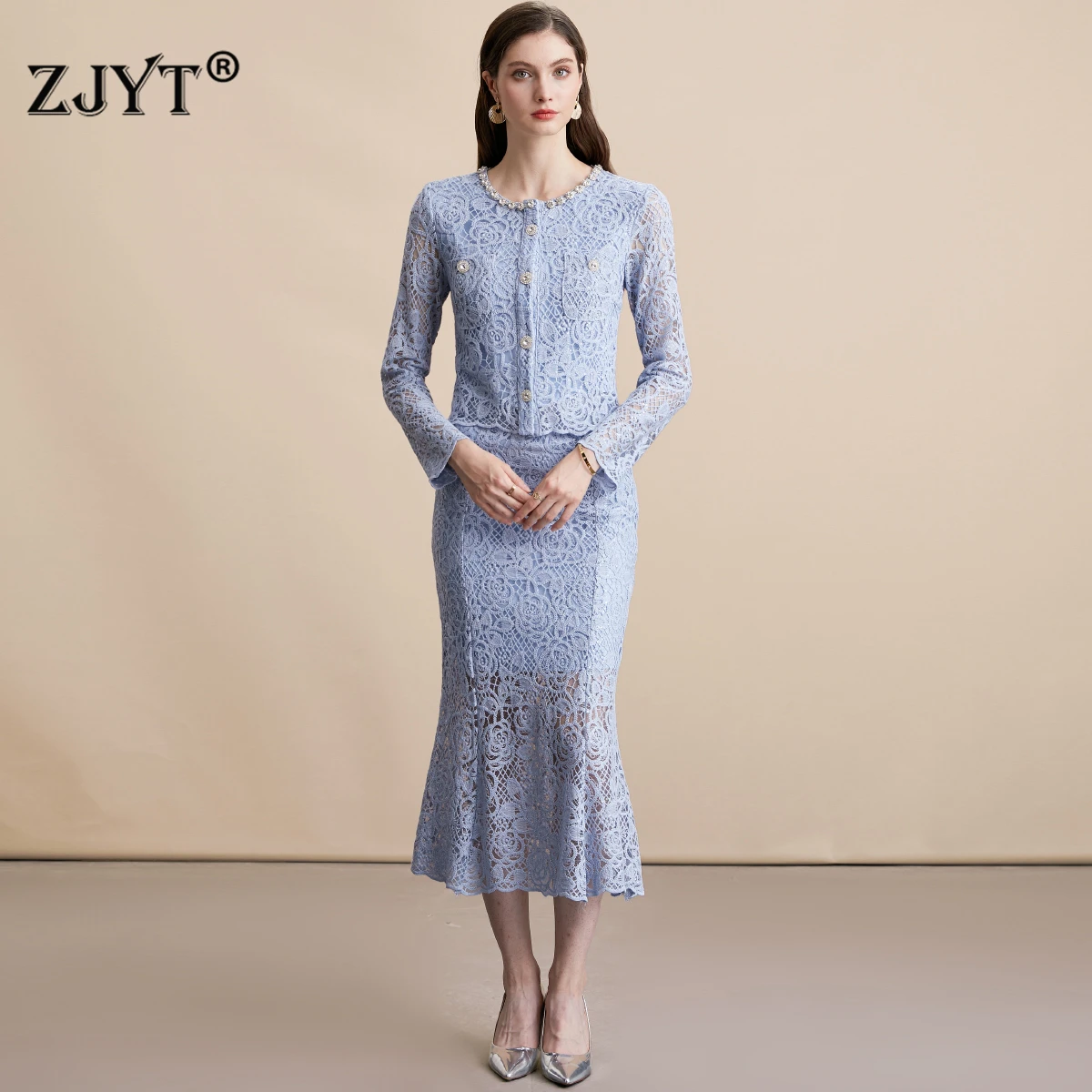 

ZJYT Fashion Runway Dress Sets 2 Pieces Womens Outfit Autumn 2025 New Long Sleeve Beading Lace Top and Trumpet Skirt Suit Blue