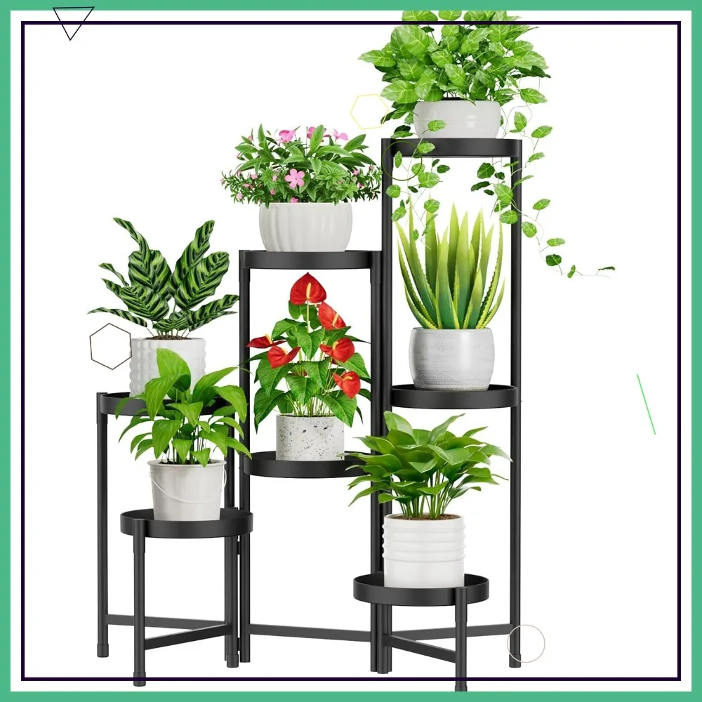 

7-ярусная угловая металлическая подставка для растений, для использования в помещении и на улице, складная полка для цветов для патио, балкона, сада, гостиной, черная