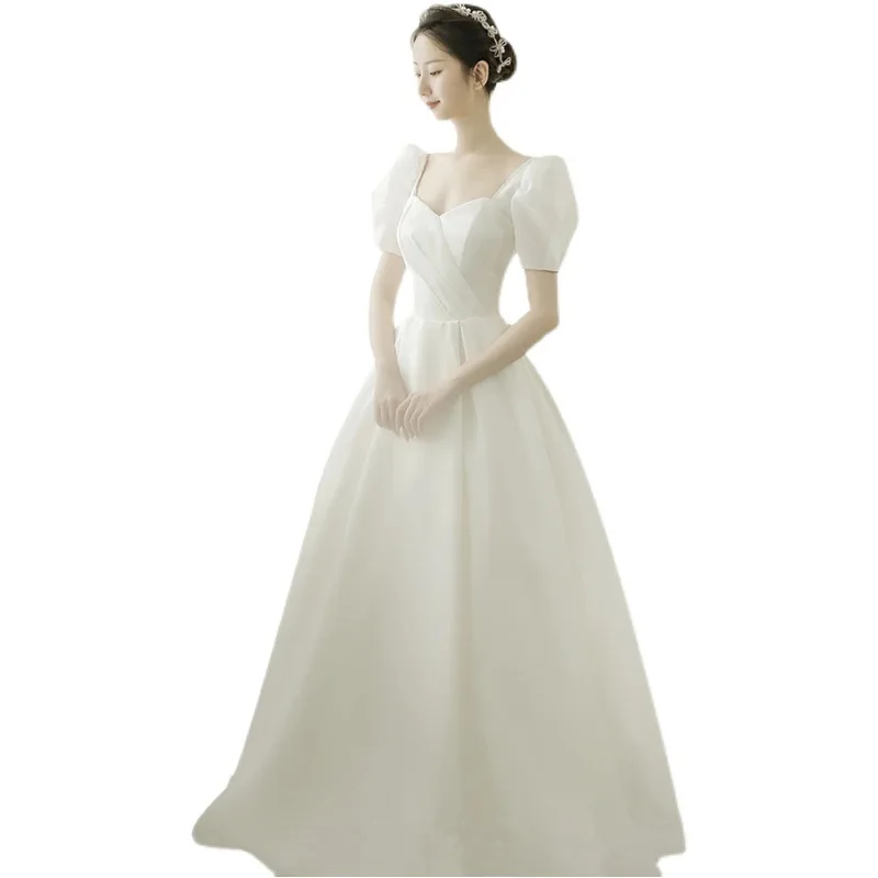 Mingli Tengda Bride Light Wedding Bride Bubble Sleeves Off White Simple and Elegant Square Neck Registration Dress Half Sleeve