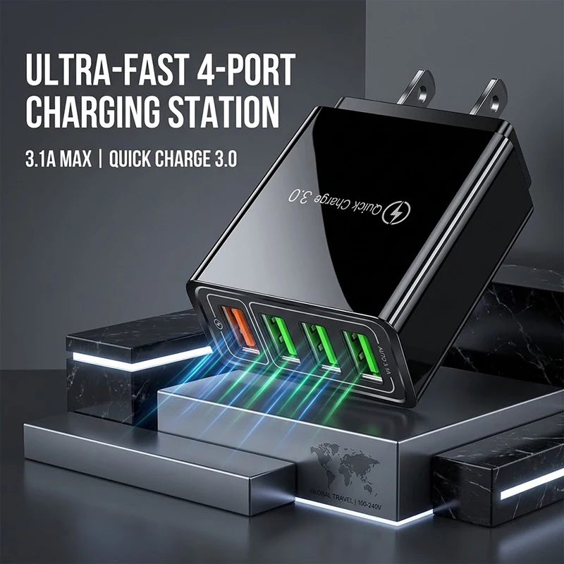 4 Port USB Wall Charger EU Plug Quick Charge 3.0 Power Adapter 3.1A Multi Fast Charging Station For Samsung For iPhone 17 Pro
