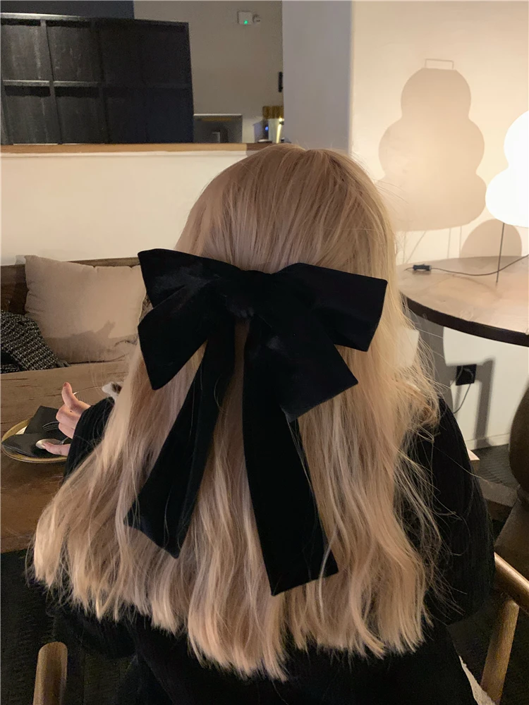 Vintage Black Big Large Velvet Bow Hair Clip For Women Girls Wedding Long Ribbon Korean Hairpins Barrette Hair Accessories