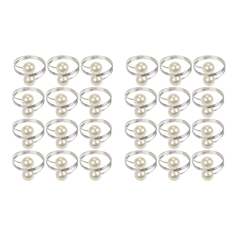 24 Pcs Pearl Napkin Buckle Hoop Napkin Rings Circle Serviette Holder For Wedding Hotel Supplies Table Decoration,Silver