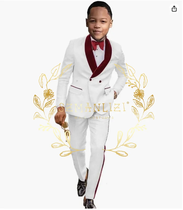 Double Breasted Slim Fit Boys Suit Set 2 Piece White Jacquard Wedding Tuxedo Jacket Pants Kids Blazer for Formal Wedding Outfit