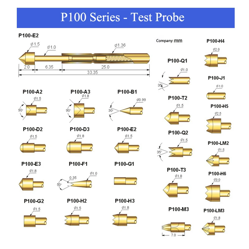 Probe P100 R100 Test Needle With Retractable Spring Top Pin For PCB Circuit Board Core Winding/soldering/terminal Insertion Form