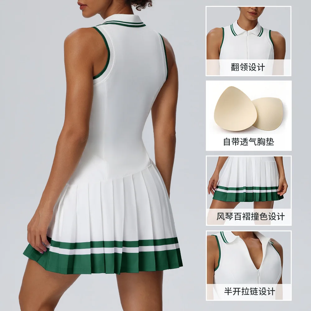Flip collar contrasting one-piece tennis dress with chest cushion, quick drying outdoor leisure sports and fitness dress