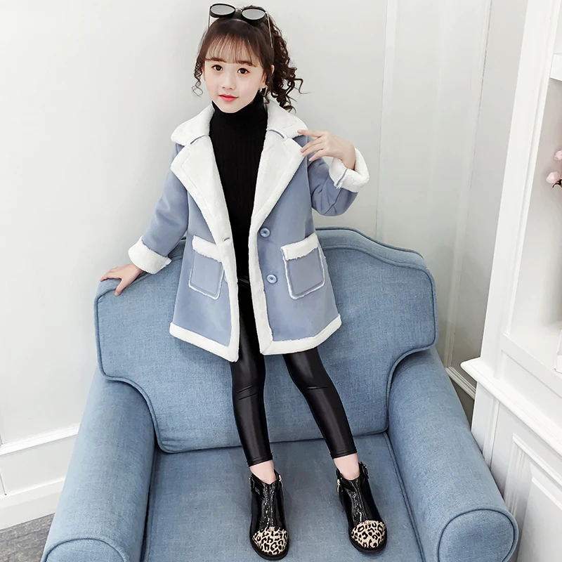 Girls Woolen Coat Winter New Sle Children's Korean Version Faux  Fur Lined Mid-Length Trendy Coat for Young Girls