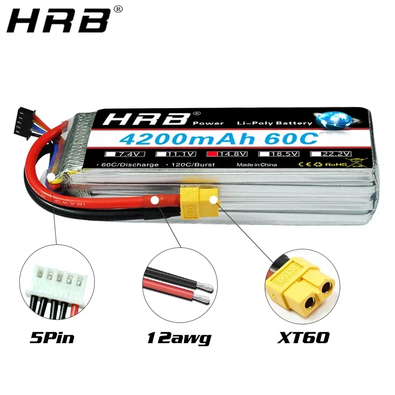 HRB 4200mah Lipo Battery 14.8V T Deans 7.4V 11.1V 18.5V 22.2V 2S 3S 4S 5S 6S XT60 RC Quadcopter FPV Airplane Drone Car Parts 60C