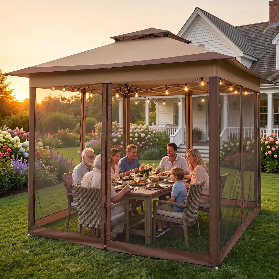 Pop Up Gazebos On Clearance - Upgrade Easy Up Metal Outdoor Gazebo Waterproof - Portable Gazebo with Mosquito Nettings, 4 Ropes