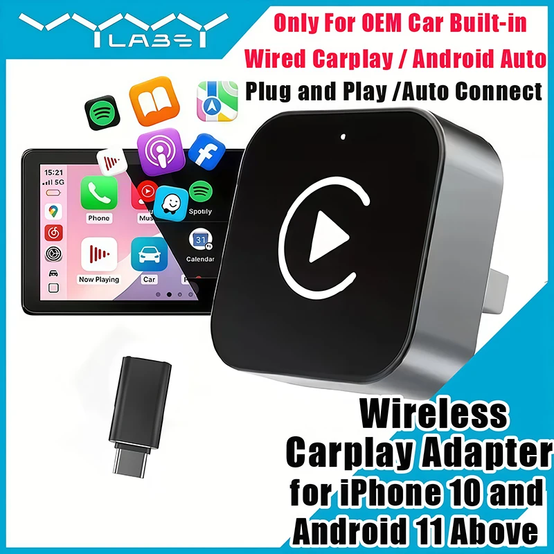 2-in-1 Wireless CarPlay Adapter Plug-and-Play Auto Adapter with USB/USB-C Port Car Accessory for iPhone 10 and Android 11 Above