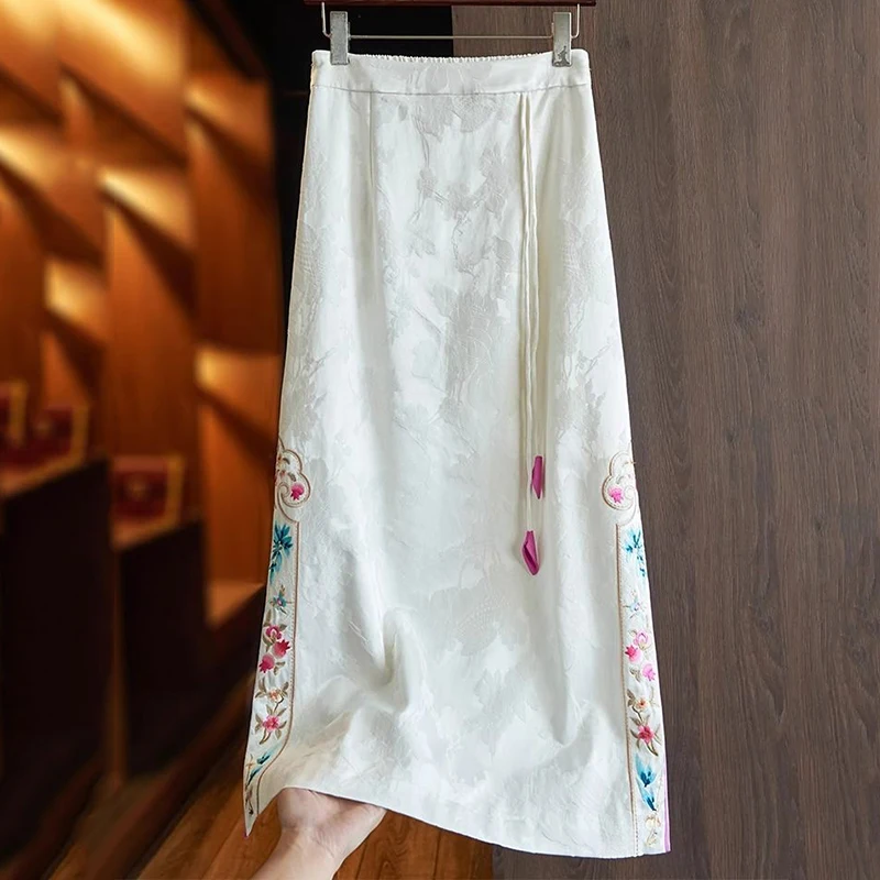 Vintage Women's Skirt Jacquard Embroidery High-waisted Long Skirt Fashion Chinese Style Slit A-line Skirts