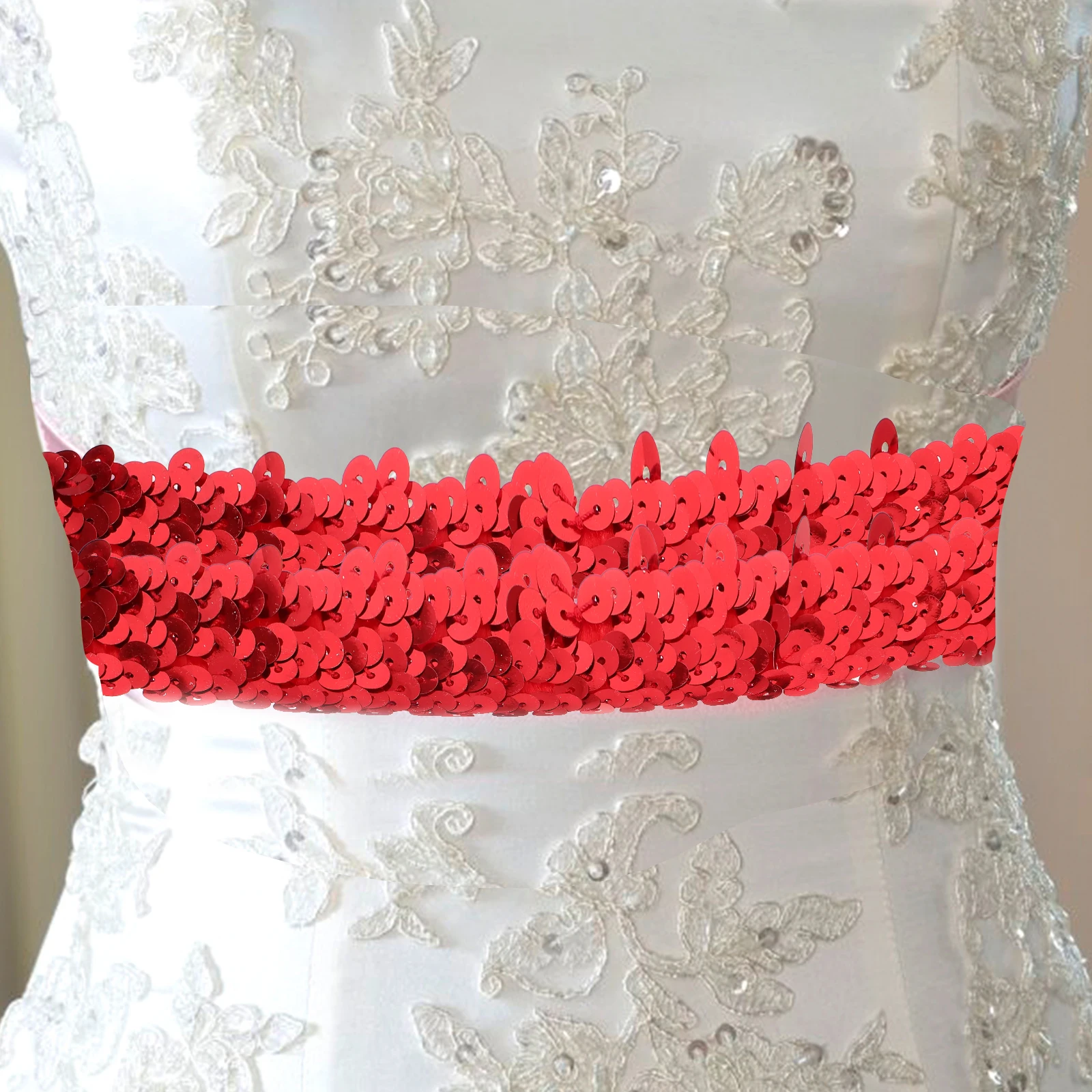

Sequin Fabric Trim Elastic Belt Sequins Sewing Fringe Tassel Red for Embroidery