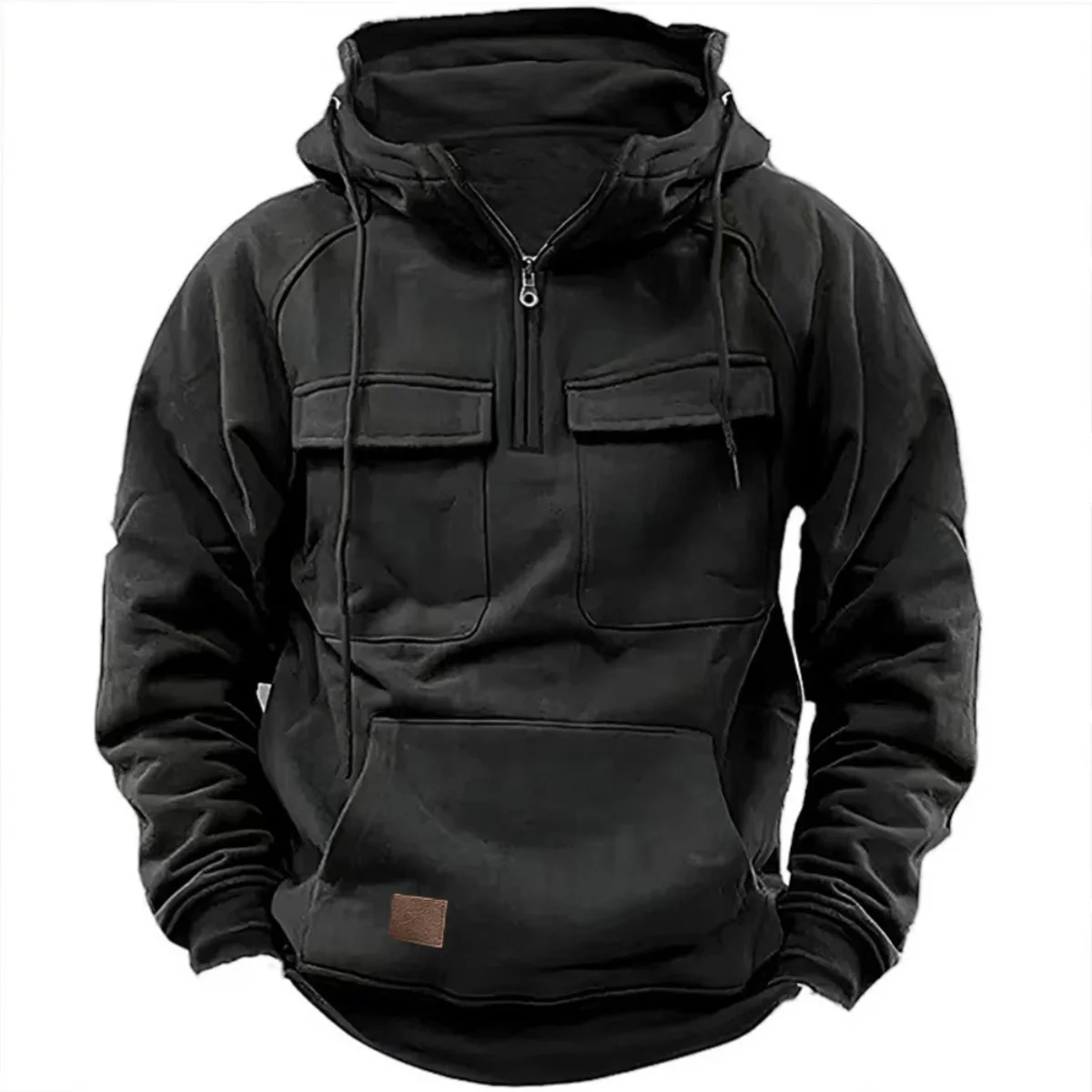 New Autumn-Winter Men's Hooded Solid-Color Casual Hoodie - Fashionable Young Man's Multi-Pocket Patch Hoodie Pullover Shirt