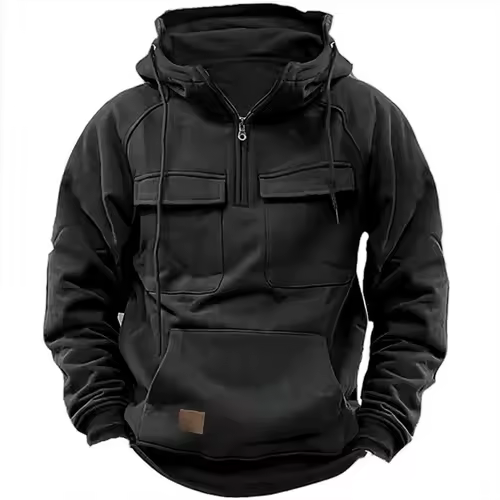 New autumn-winter men's hooded solid-color casual hoodie - fashionable young man's multi-pocket patch hoodie pullover shirt - Image 2