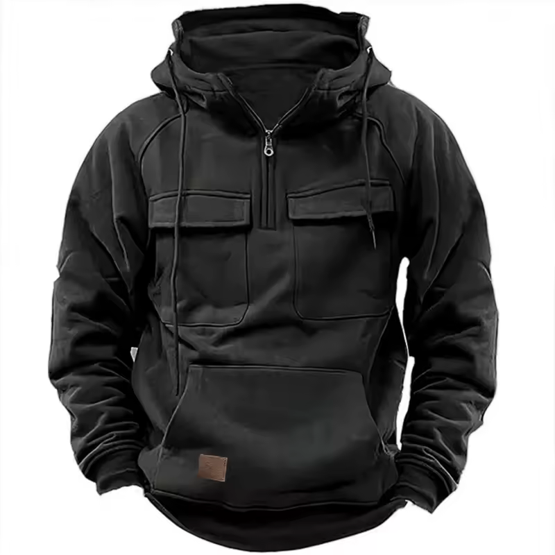 New autumn-winter men's hooded solid-color casual hoodie - fashionable young man's multi-pocket patch hoodie pullover shirt - Image 2
