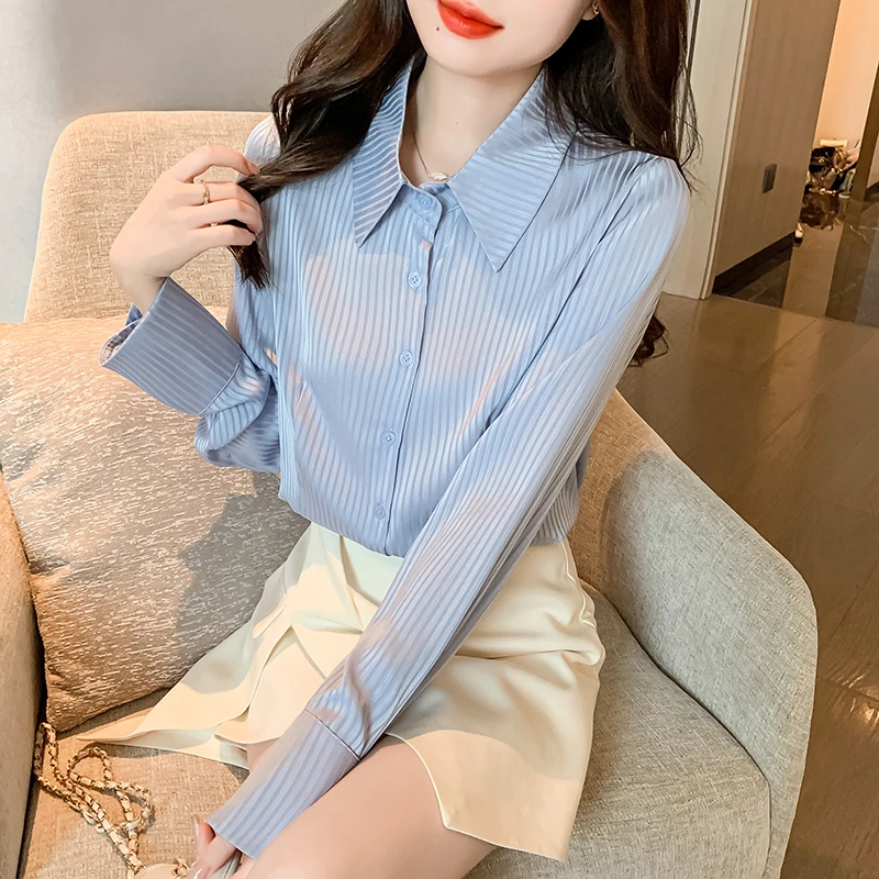 Fashion Turn Down Collar Women Shirt White Long Sleeve Striped Shirt Blouse Women Tops Blusa Blusas Camisas De Mujer Shirts M810