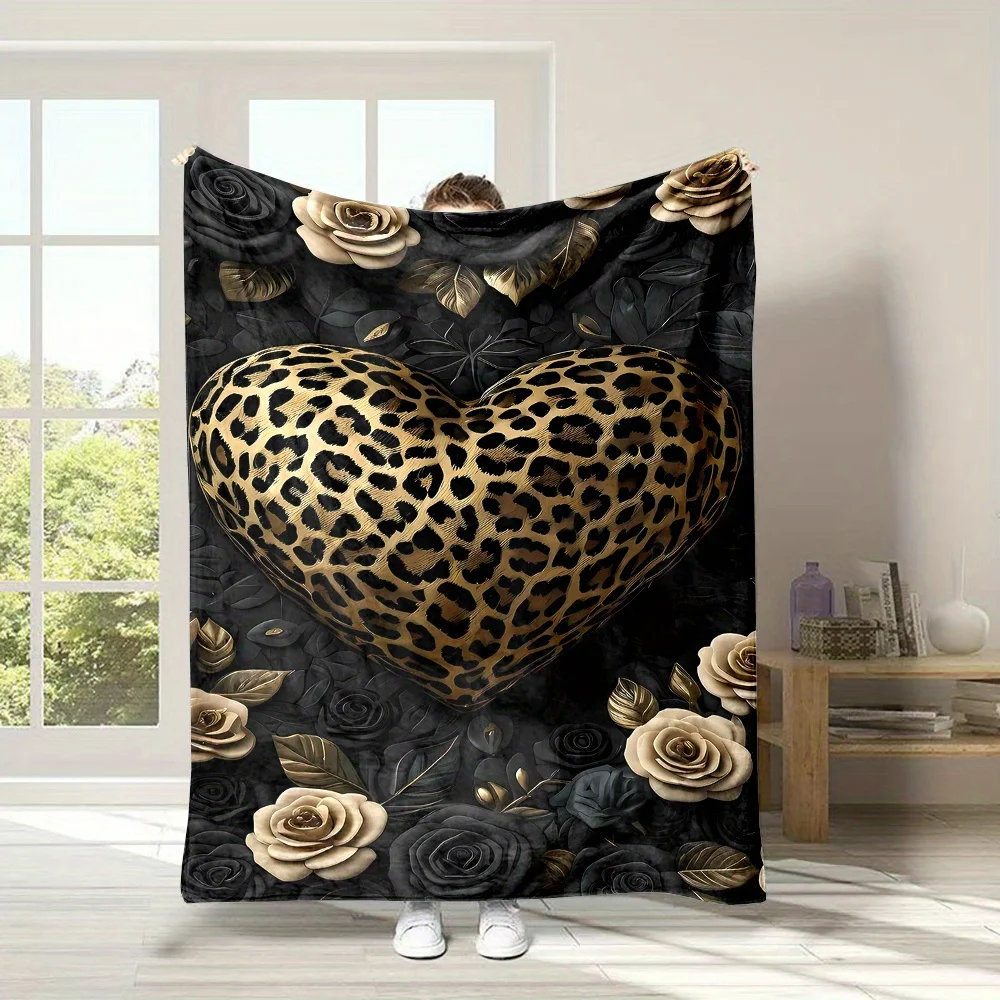 Luxury Leopard Heart Rose Flannel Blanket, Elegant Black Gold Floral Art Throw for Living Room Bedroom & Warm Holiday Gift Picks