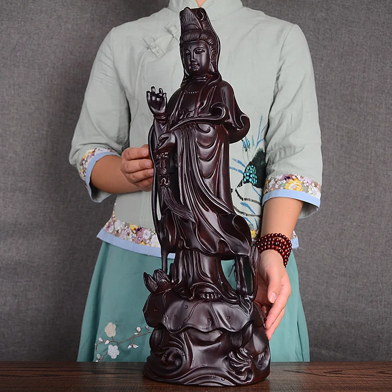 HYS Ebony Wood Carving Guanyin Buddha Statue Ornament Solid Wood Ruyi Guanyin Bodhisattva Lotus Offering Buddha