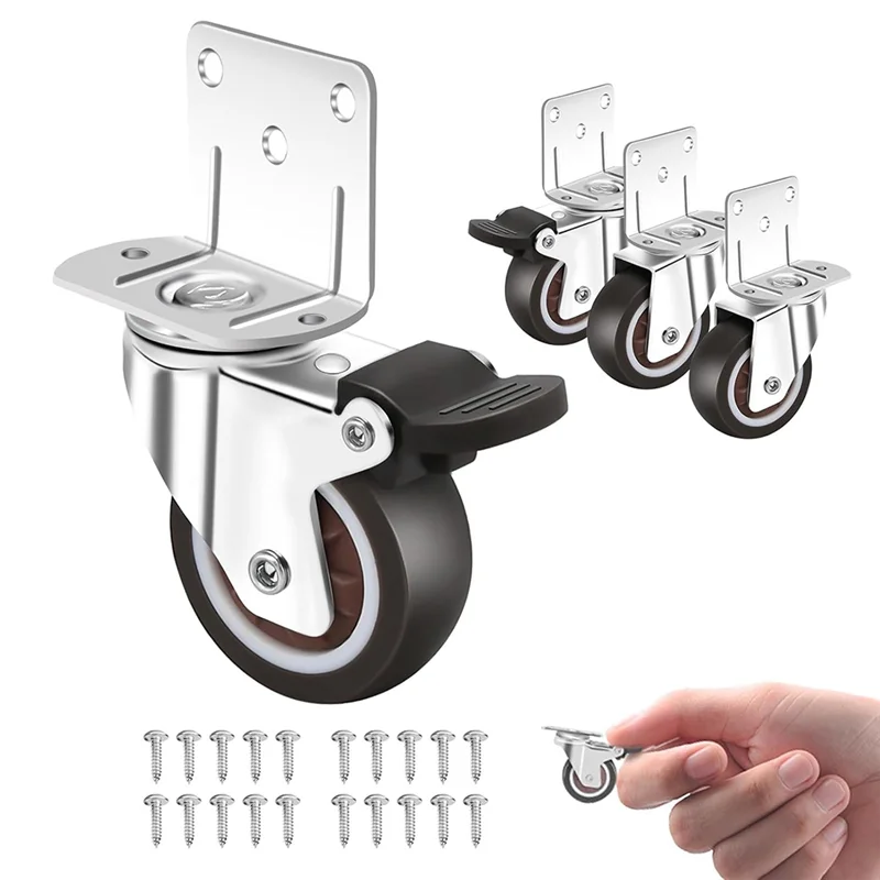A76K Side Mount Casters,Casters Set Of 4 With Brake,L-Shape Plate Small Wheels For Furniture,Cabinet Casters