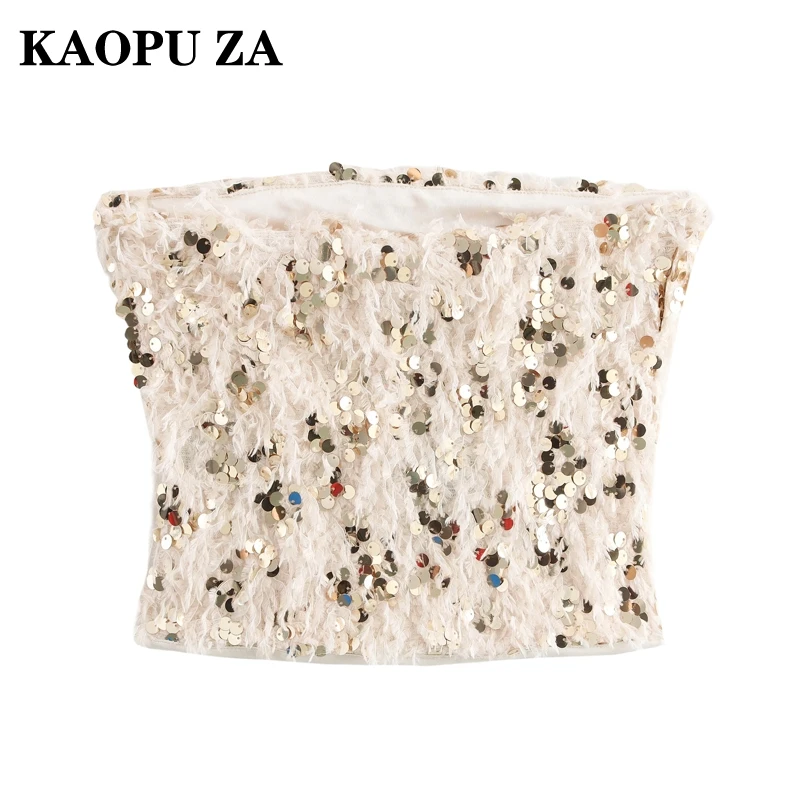 KAOPU ZA 2024 Autumn New Female Sophisticated Sleeveless Vest Top Edgy Woman Solid Color Short Corset Mesh Regular Fit Ruffles