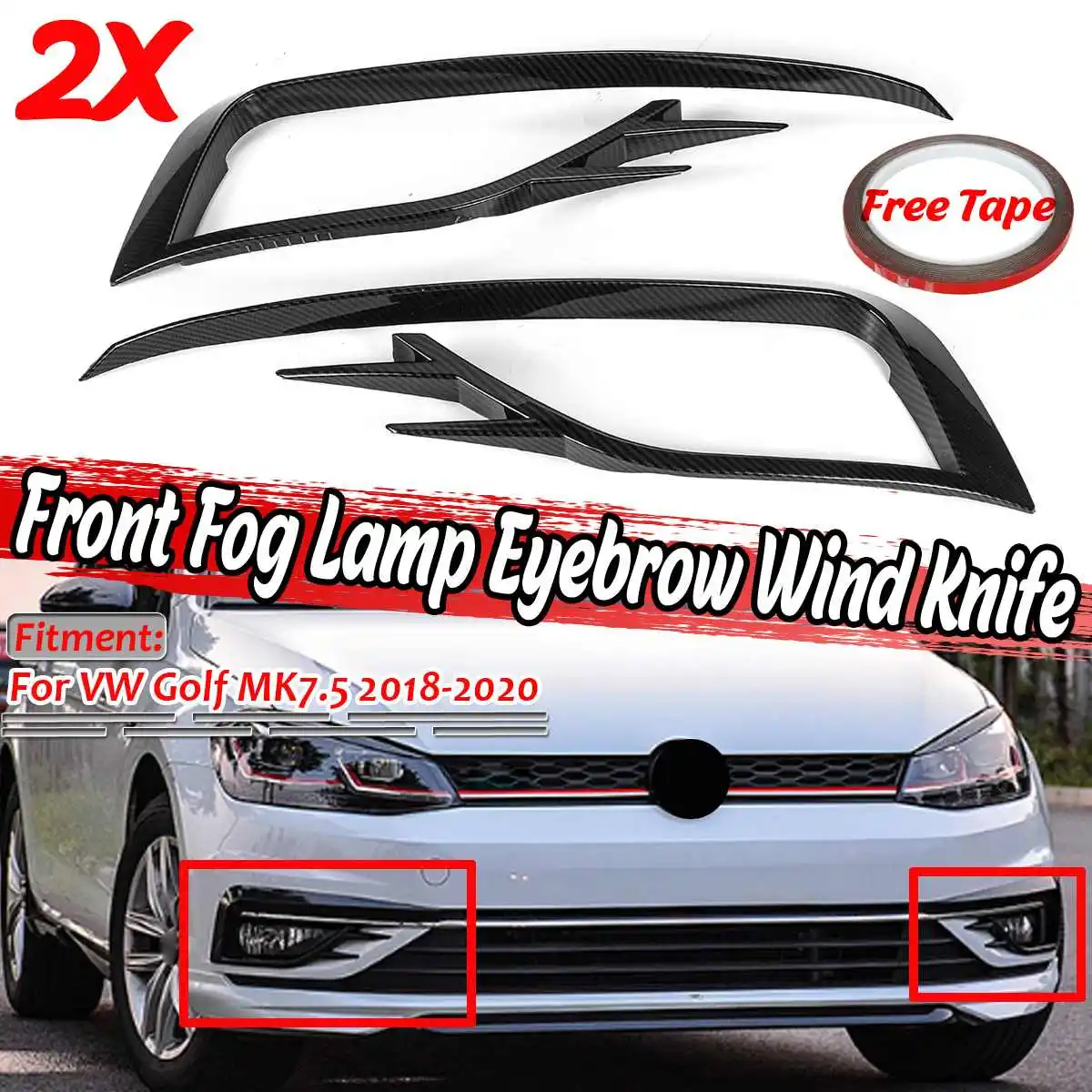 Glossy Black / Carbon Fiber Look A Pair Car Front Fog Lamp Eyebrow Wind Knife Eyelid Cover Frame For VW For Golf MK7.5 2018-2020