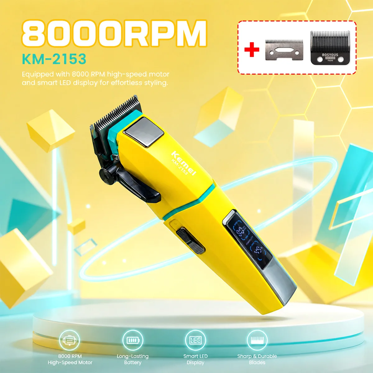 Kemei KM-2153 Professional Hair Cutter 8000RPM Fade Blade LED Display 2000mAh 2-Speed 5W DC Motor Hair Clipper Finishing for Man