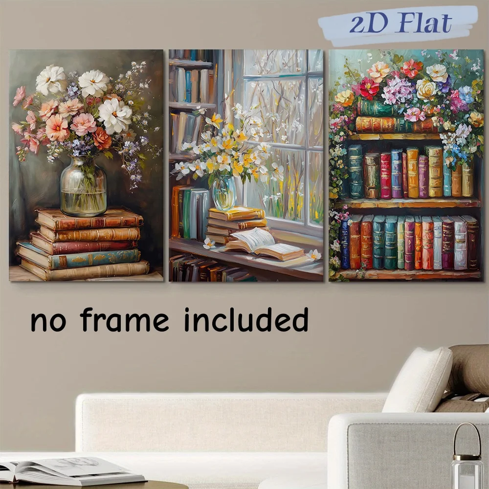 3-piece set of vintage flowers and old books frameless canvas decorative paintings, living room, study, bedroom, modern minimali