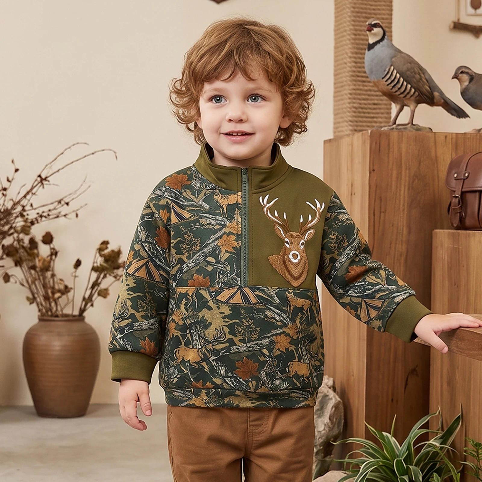 Spring Autumn Little Boy Pullover Sweatshirt Coats Quarter Zipper Stand Collar Camouflage Jackets Tops Clothes