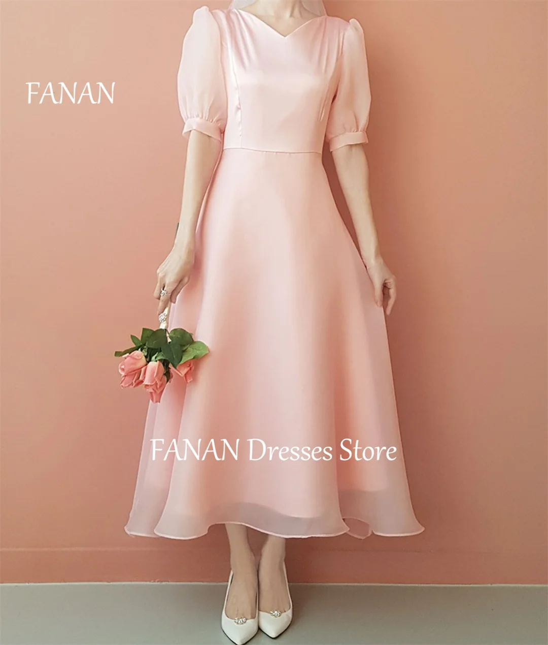 Fanan V-Ausschnitt Organza kurze Ärmel einfache Abend party Kleider Vintage Korea rosa Hochzeit Frauen formelle Kleider Event Ballkleider