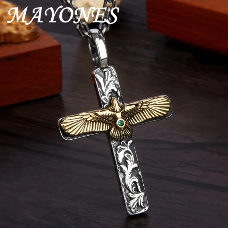 Mayones New S925 Sterling Silver Retro Golden Eagle Set With Green Zircon Snap Open Tang Grass Pattern Cross Pendant