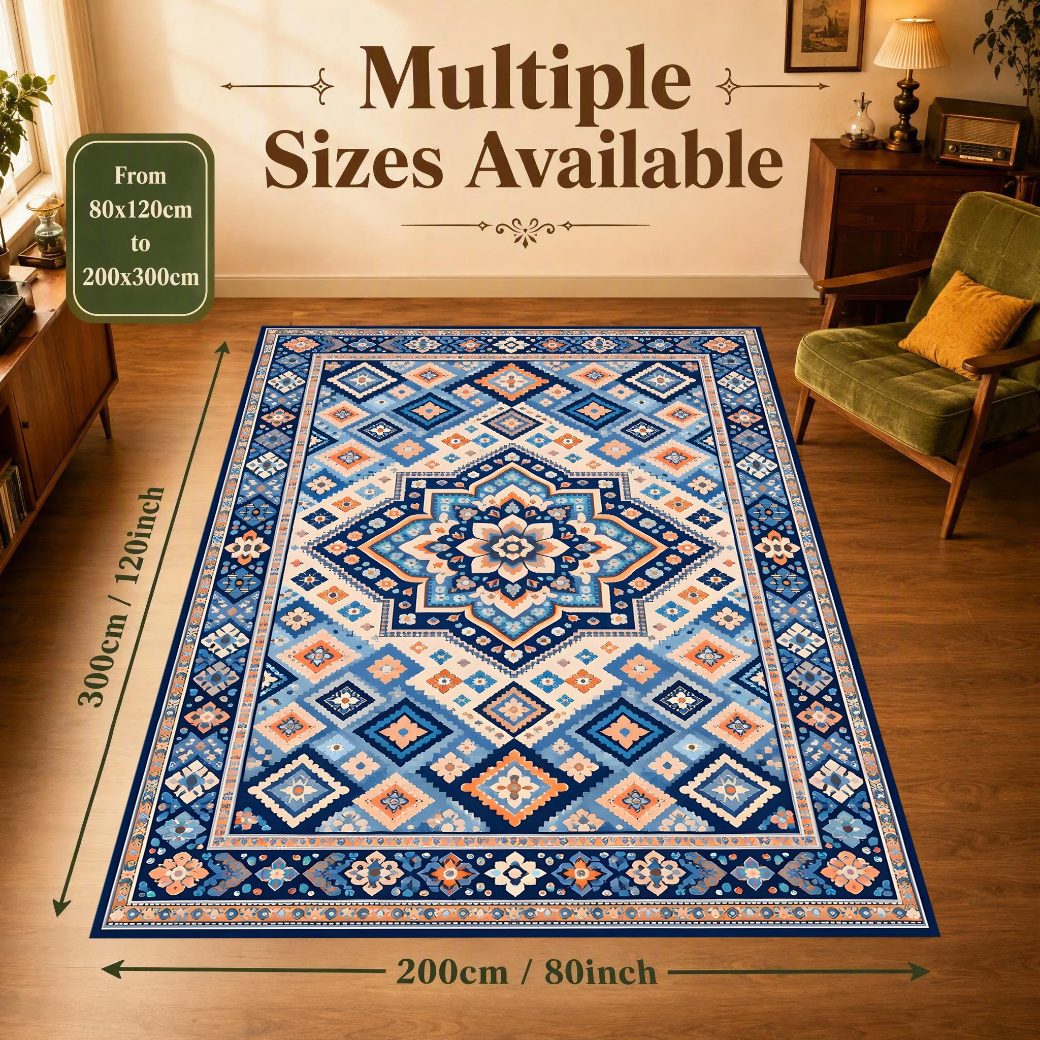 Persian Area Rug, Central Floral with Geometric Color Blocking, Soft Skin-Friendly Velvet for Living Room Bedroom Home Decor