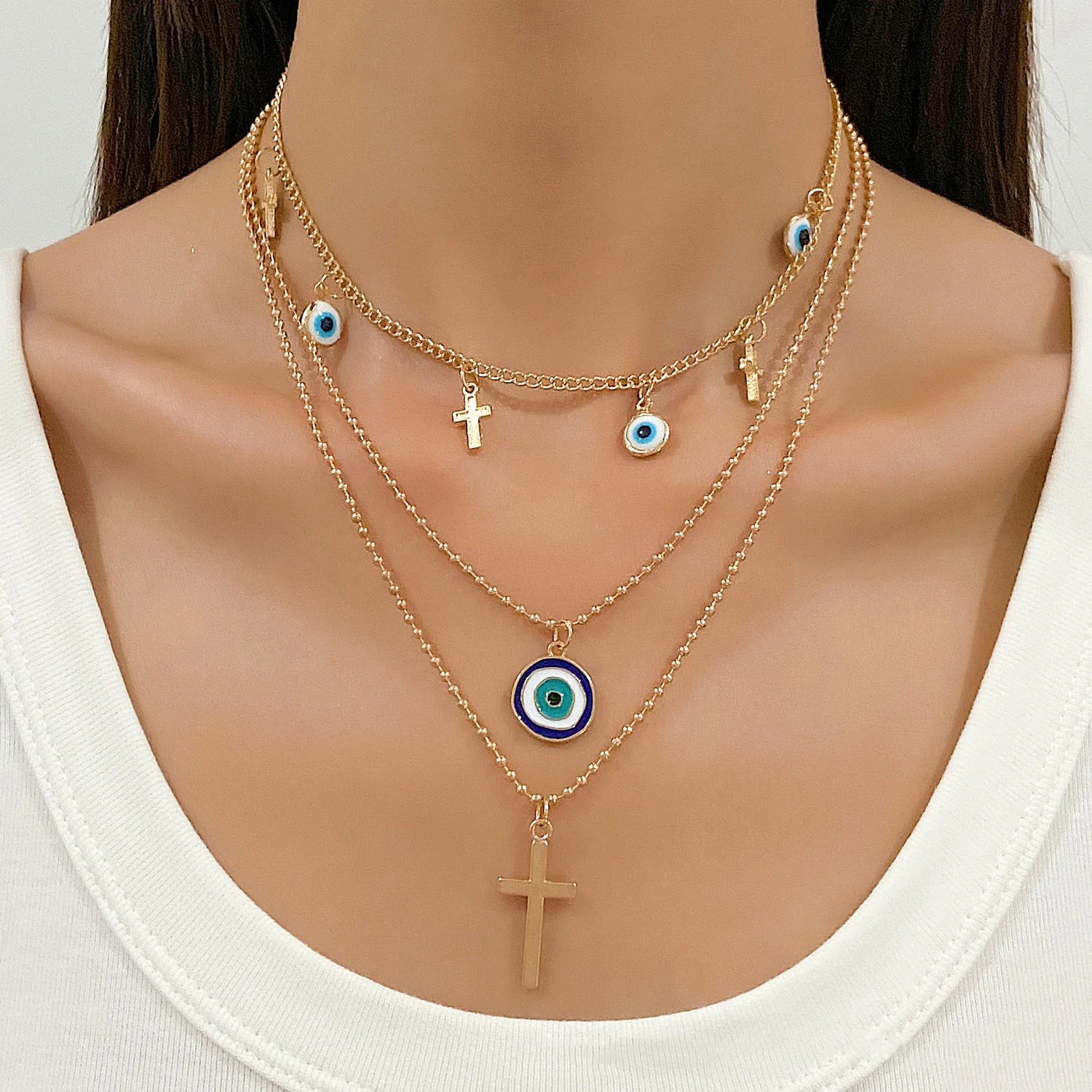 

Boho Multilayer Pendant Necklace for Women Micro Zircon Turkish Lucky Evil Eyes Cross Charm Clavicle Chain Choker Party Jewelry