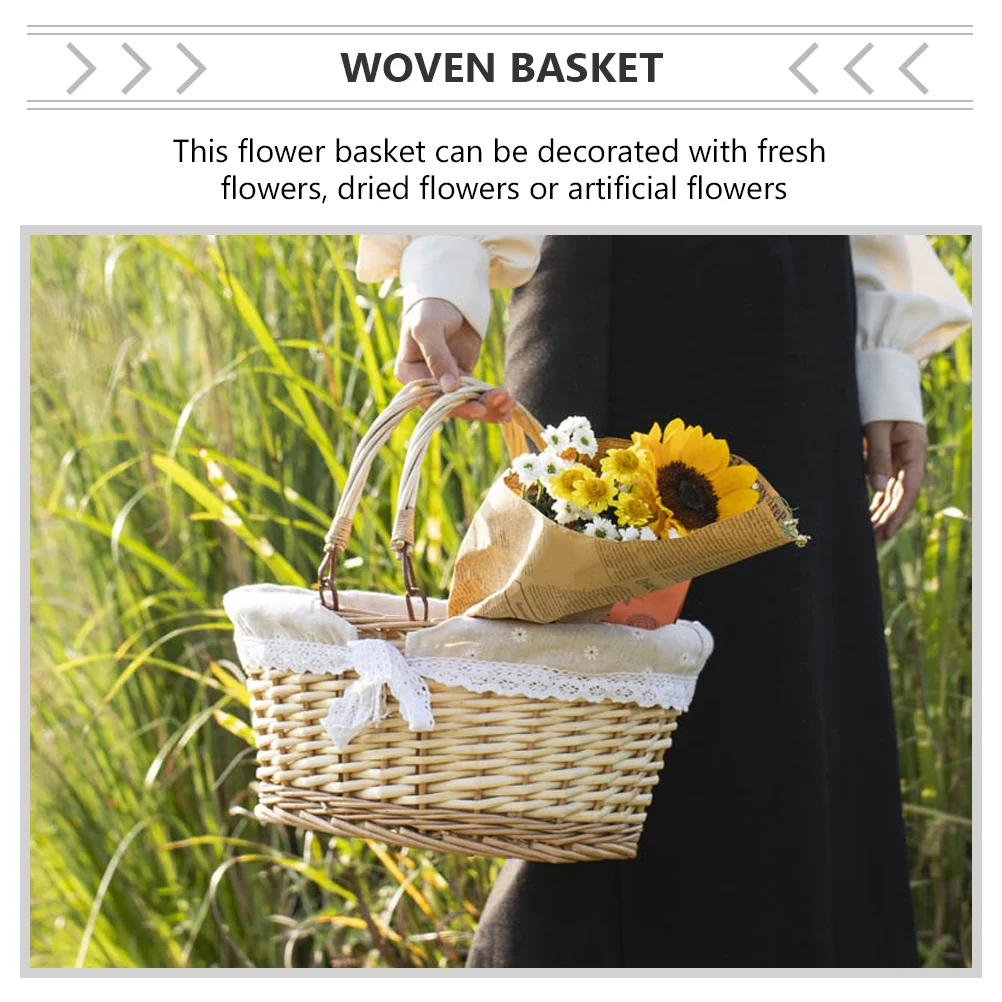 Picnic Basket Multi-functional Storage Wick Elegant Flower Cloth Woven Handheld