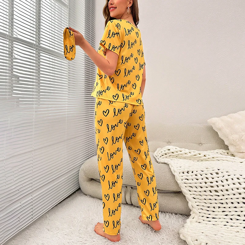 Damen-Pyjama-Set mit Cartoon-Druck, kurzärmelig, Oberteil, lange Hose, weiche, bequeme Nachtwäsche für Damen, Homewear-Pyjama – Detail 37