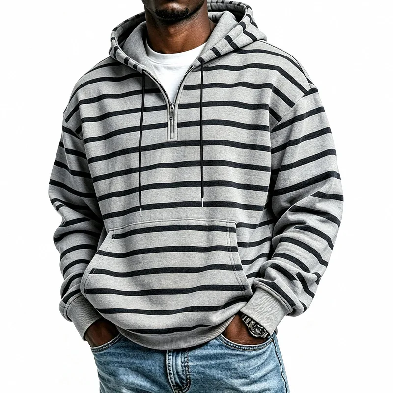 Men Fleece Heavyweight Hoodie Autumn Winter Trend Striped Hooded Hoodies Male Pull On Hooded Sweatshirts Casual Streetwear Tops