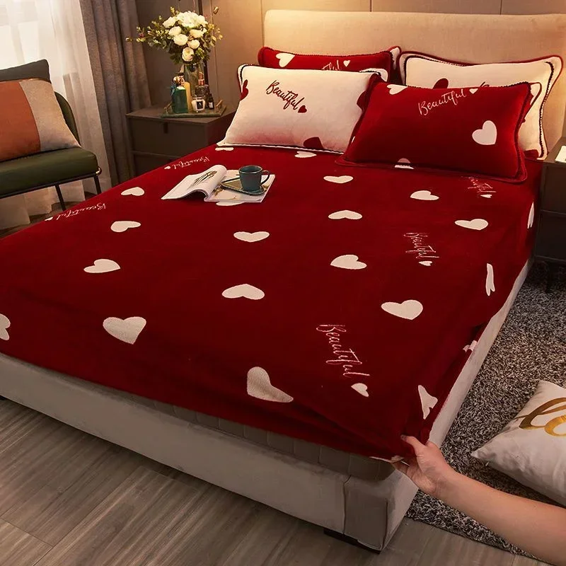 Fleece Fitted Sheet Elastic Mattress Protector Warm Plush Bedding Set Double King Size Sheet Set Home Textiles