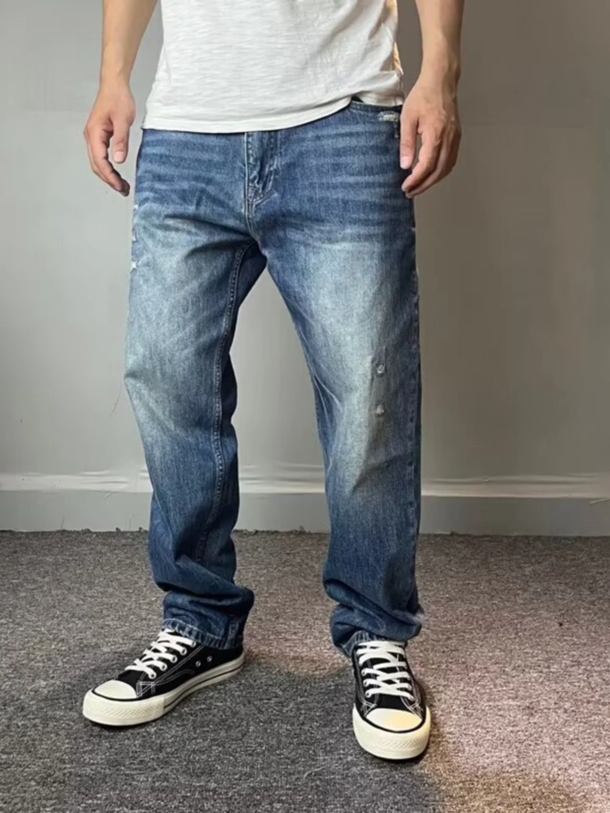 

Retro American Straight Leg Men's Jeans Workwear Waed Wear Resistant Heavy Du Casual Trousers Youth Faion Long Pants