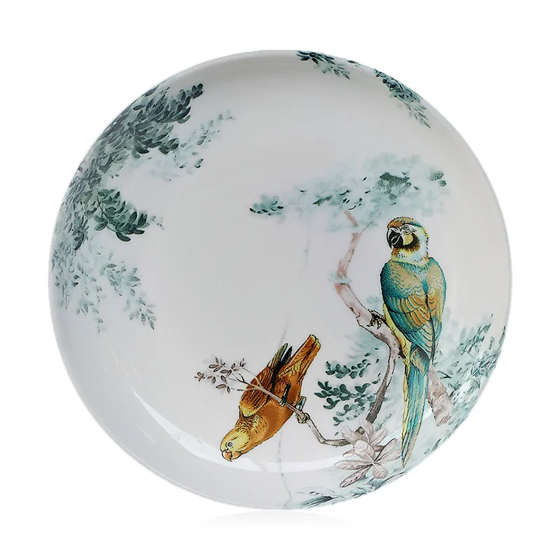 Eastern Horse Decorative Plate Plant Bird Parrot Illustration Dish Round Ceramic Tray for Home Decoration Luxury Porcelain Craft